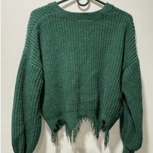 No Boundaries Women’s Distressed Fringe Knit Sweater Dark Green XXL